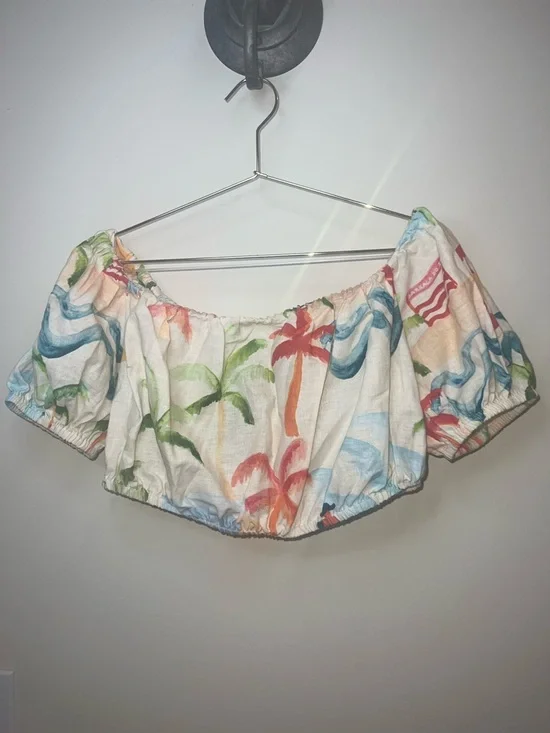 Farm Rio Copacabana Crop Top Medium NWT Off Shoulder Tropical Linen Blend - Picture 3 of 6